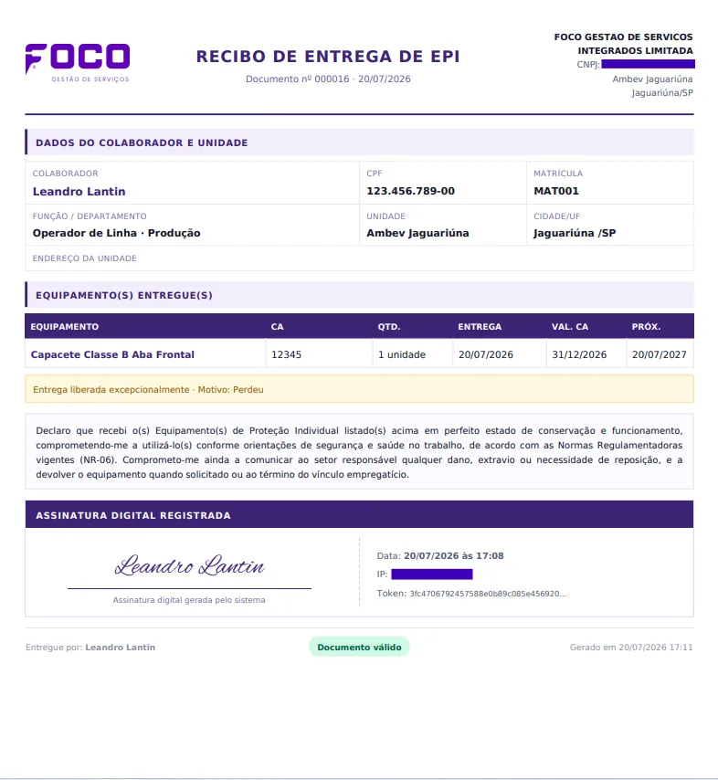 Documento de entrega de EPI